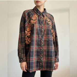 Todami Embroidered Plaid Button Down Shirt L Boho Western NWT